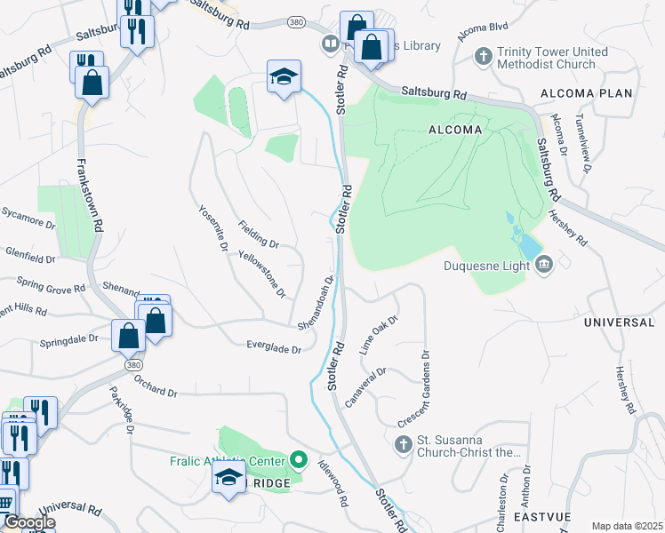 map of restaurants, bars, coffee shops, grocery stores, and more near 401 Park Manor Place in Penn Hills