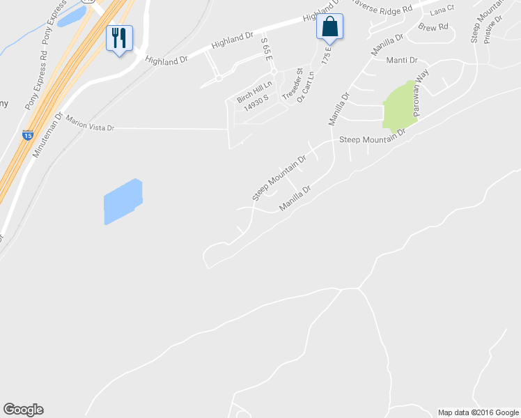 map of restaurants, bars, coffee shops, grocery stores, and more near 63 East Manilla Drive in Draper