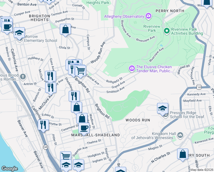 map of restaurants, bars, coffee shops, grocery stores, and more near 1035 Grand Avenue in Pittsburgh