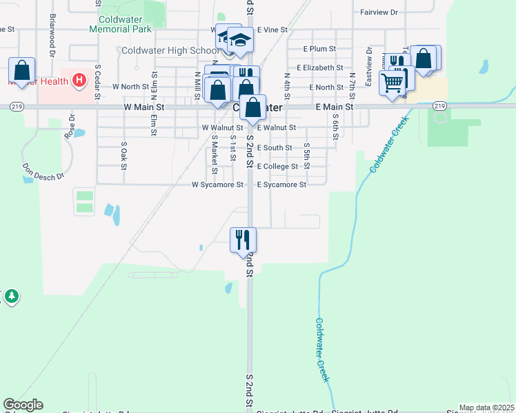 map of restaurants, bars, coffee shops, grocery stores, and more near 545 South 2nd Street in Coldwater