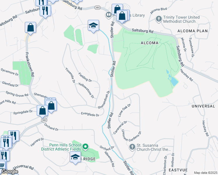 map of restaurants, bars, coffee shops, grocery stores, and more near 350 Shenandoah Drive in Pittsburgh