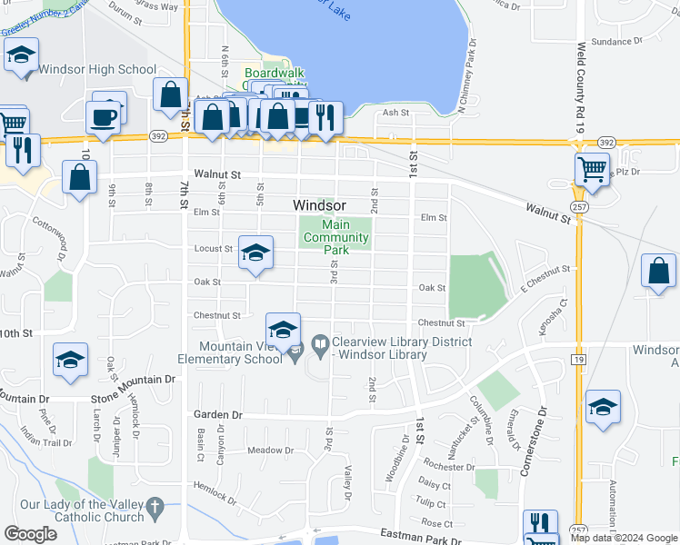 map of restaurants, bars, coffee shops, grocery stores, and more near 519 3rd Street in Windsor