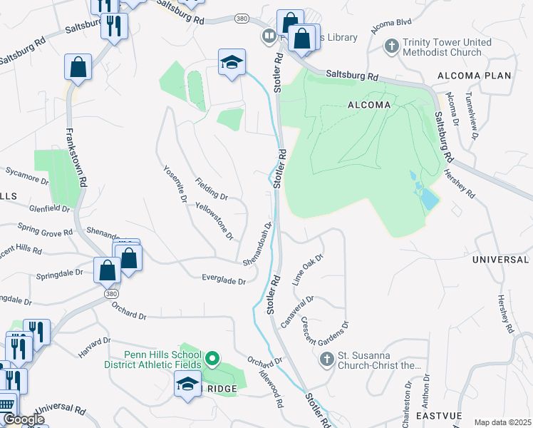 map of restaurants, bars, coffee shops, grocery stores, and more near 350 Shenandoah Drive in Pittsburgh