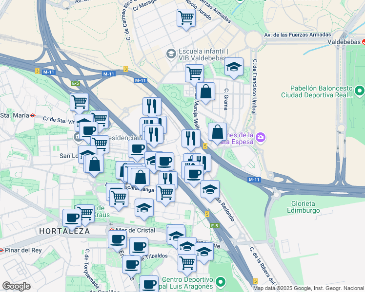 map of restaurants, bars, coffee shops, grocery stores, and more near 9 Calle Vía de los Poblados in Madrid