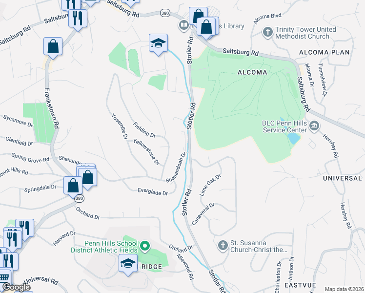 map of restaurants, bars, coffee shops, grocery stores, and more near 350 Shenandoah Drive in Pittsburgh