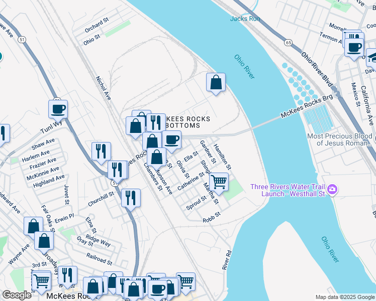 map of restaurants, bars, coffee shops, grocery stores, and more near 304 Olivia Street in McKees Rocks