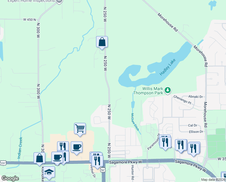 map of restaurants, bars, coffee shops, grocery stores, and more near 3902-4462 North 250 West in West Lafayette