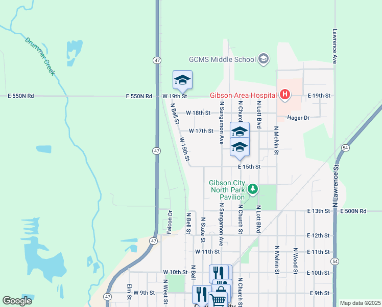 map of restaurants, bars, coffee shops, grocery stores, and more near 809 North Bell Street in Gibson City