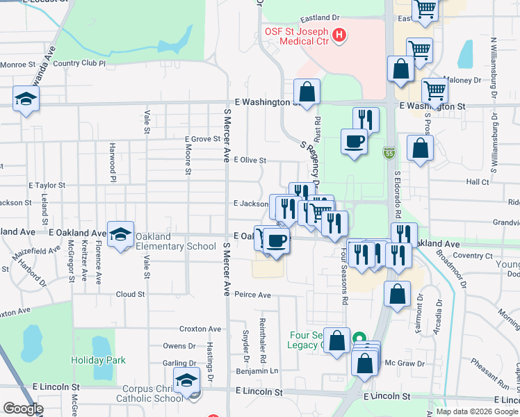 map of restaurants, bars, coffee shops, grocery stores, and more near 506 Patterson Drive in Bloomington