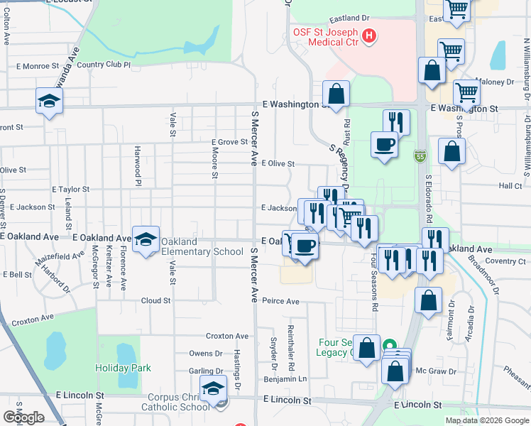 map of restaurants, bars, coffee shops, grocery stores, and more near 2107 Eastgate Place in Bloomington