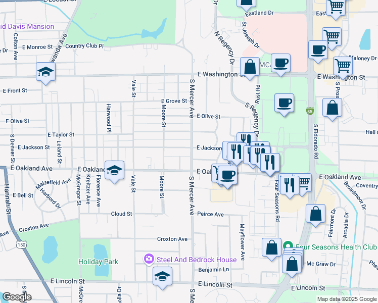 map of restaurants, bars, coffee shops, grocery stores, and more near 7 Oakland Court in Bloomington
