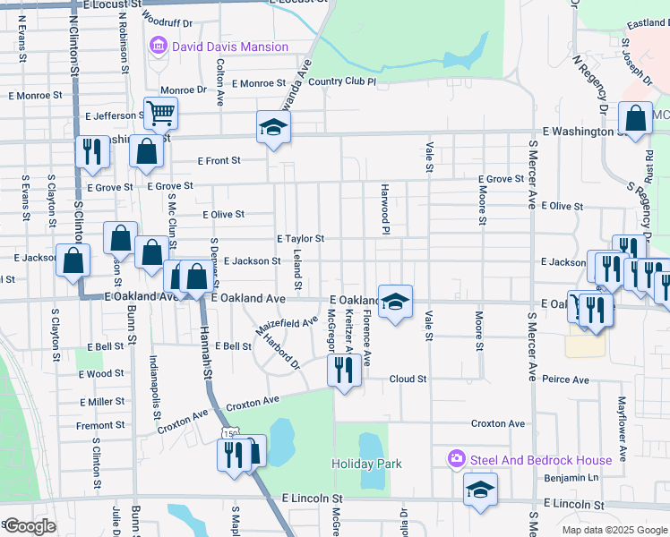 map of restaurants, bars, coffee shops, grocery stores, and more near 412 Willard Avenue in Bloomington