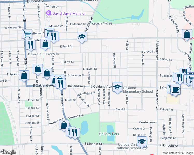 map of restaurants, bars, coffee shops, grocery stores, and more near 412 Willard Avenue in Bloomington