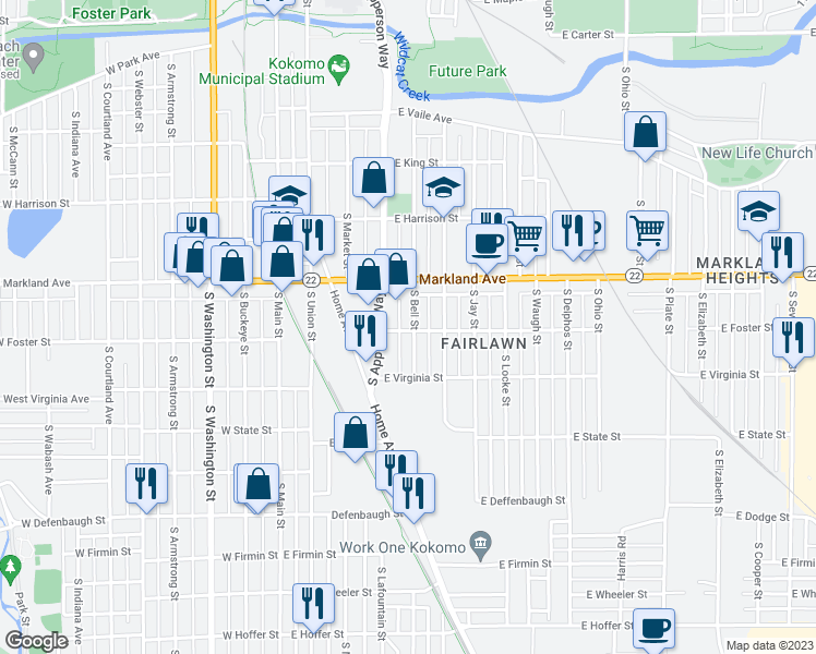 map of restaurants, bars, coffee shops, grocery stores, and more near 1043 South Bell Street in Kokomo