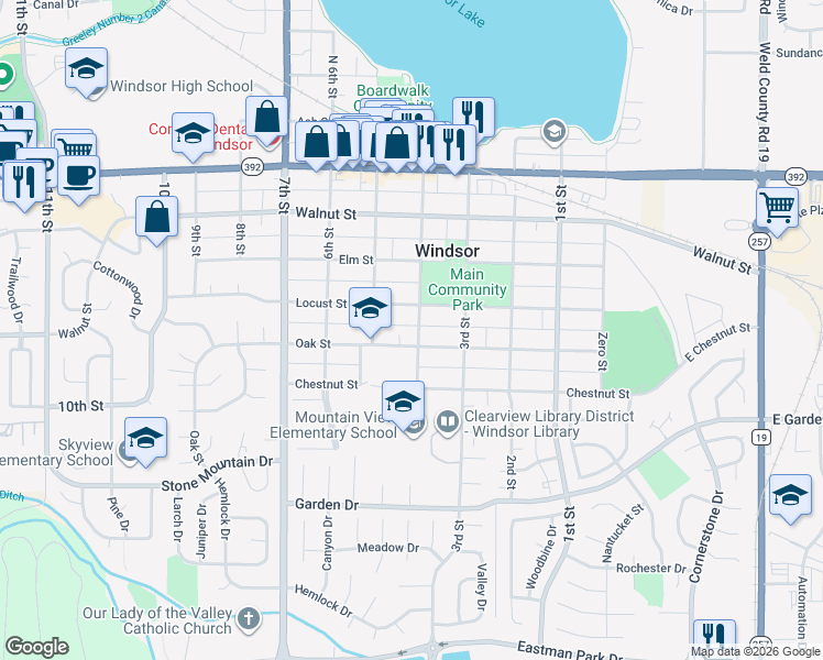 map of restaurants, bars, coffee shops, grocery stores, and more near 329 Oak Street in Windsor
