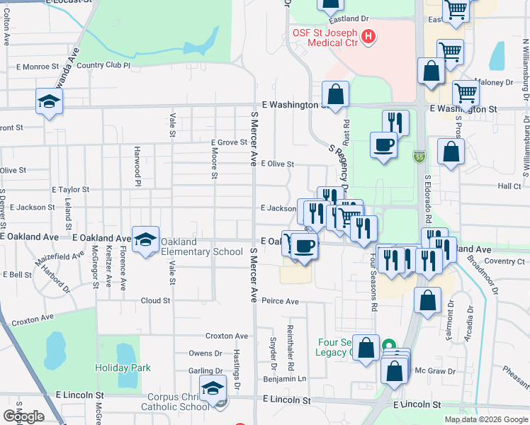 map of restaurants, bars, coffee shops, grocery stores, and more near 2107 Eastgate Place in Bloomington