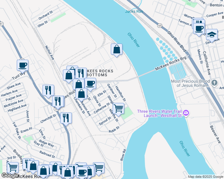 map of restaurants, bars, coffee shops, grocery stores, and more near 332 Gardner Street in McKees Rocks