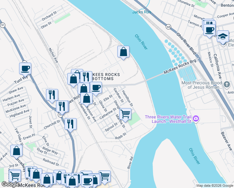 map of restaurants, bars, coffee shops, grocery stores, and more near 414 Ella Street in McKees Rocks
