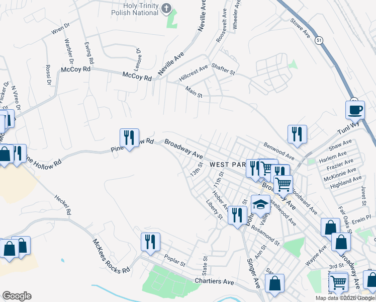 map of restaurants, bars, coffee shops, grocery stores, and more near 1101 14th Street in McKees Rocks