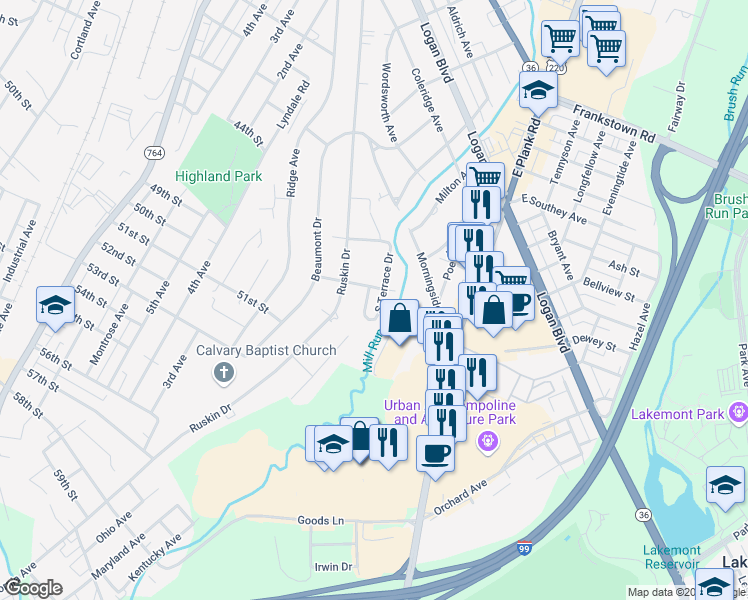 map of restaurants, bars, coffee shops, grocery stores, and more near 609 North Terrace Drive in Altoona