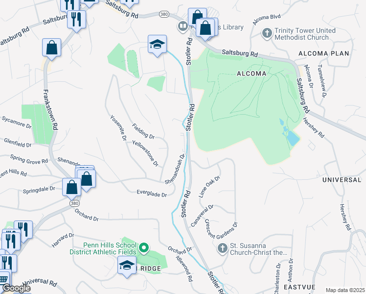 map of restaurants, bars, coffee shops, grocery stores, and more near 350 Shenandoah Drive in Pittsburgh