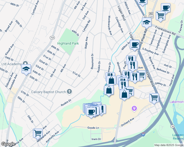 map of restaurants, bars, coffee shops, grocery stores, and more near 613-15 Ruskin Drive in Altoona