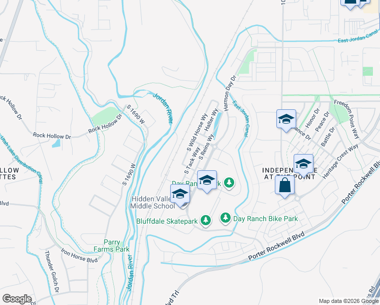 map of restaurants, bars, coffee shops, grocery stores, and more near 15209 South Wild Horse Way in Bluffdale