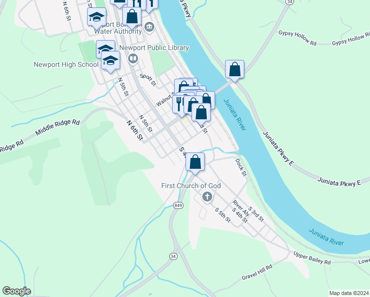 map of restaurants, bars, coffee shops, grocery stores, and more near 132 South 4th Street in Newport