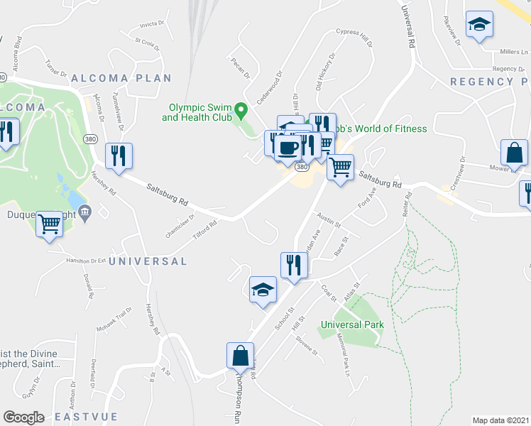 map of restaurants, bars, coffee shops, grocery stores, and more near 191 Colonial Village Drive in Pittsburgh