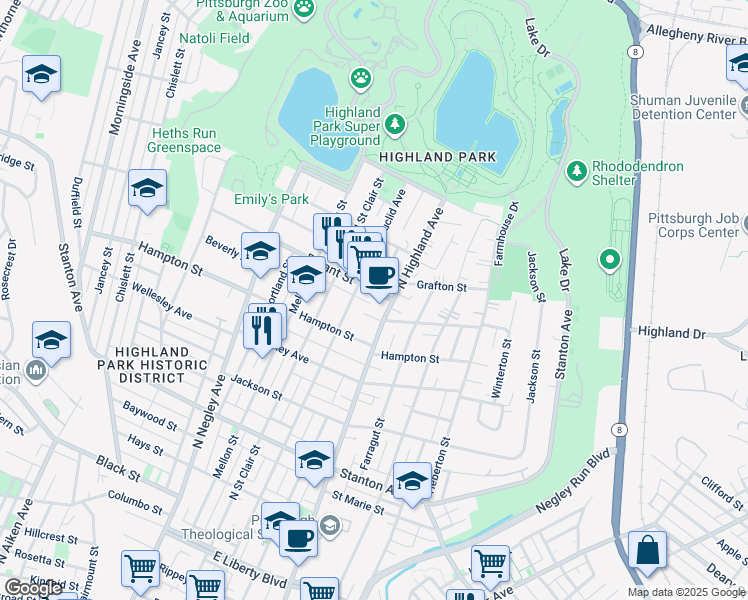 map of restaurants, bars, coffee shops, grocery stores, and more near 1200 North Highland Avenue in Pittsburgh