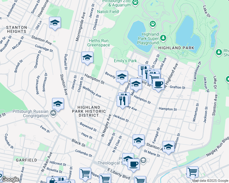 map of restaurants, bars, coffee shops, grocery stores, and more near 1012 North Negley Avenue in Pittsburgh