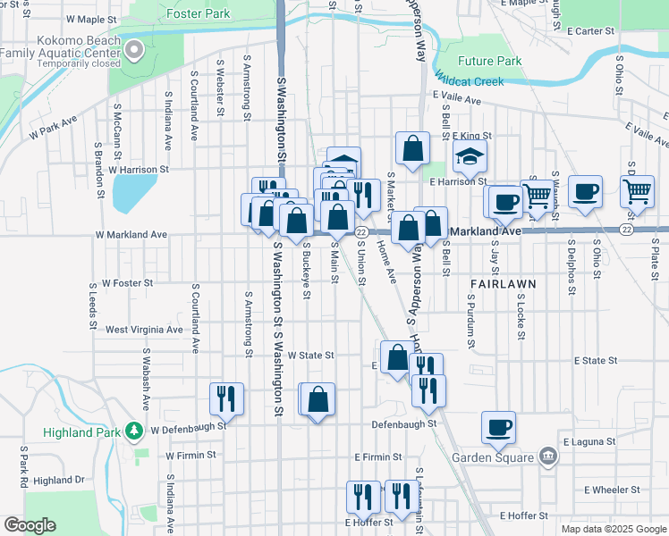 map of restaurants, bars, coffee shops, grocery stores, and more near 1109 South Main Street in Kokomo