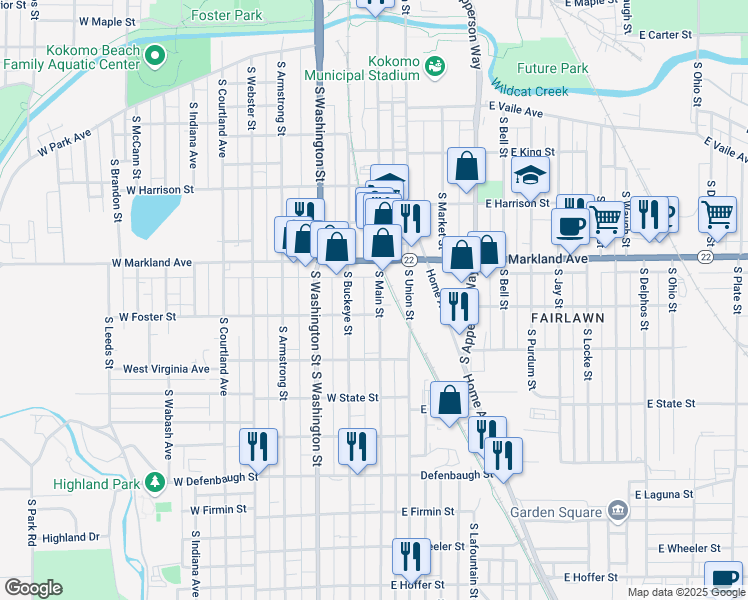map of restaurants, bars, coffee shops, grocery stores, and more near 1109 South Main Street in Kokomo