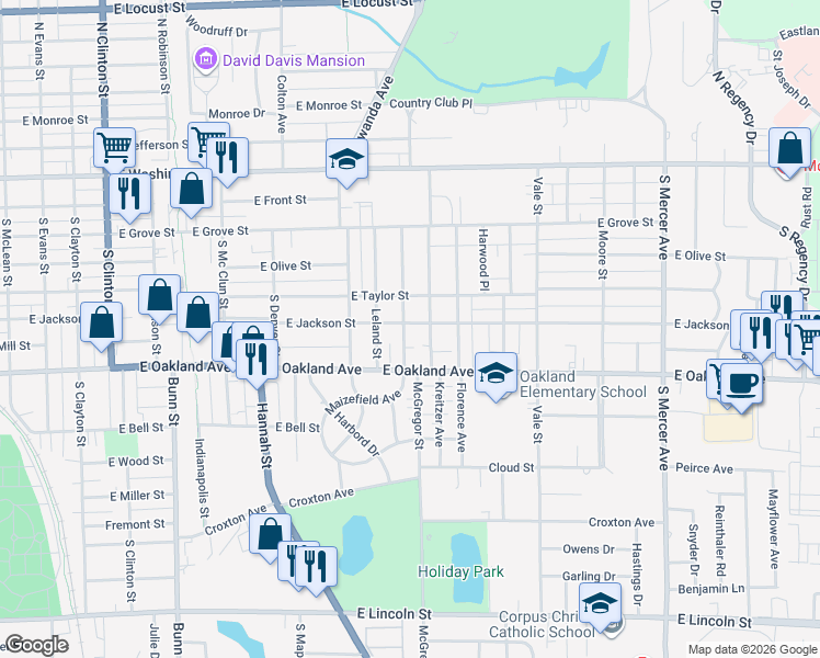 map of restaurants, bars, coffee shops, grocery stores, and more near 412 Willard Avenue in Bloomington
