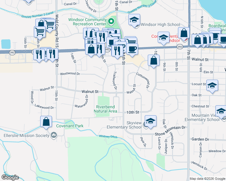 map of restaurants, bars, coffee shops, grocery stores, and more near 561 Trailwood Circle in Windsor