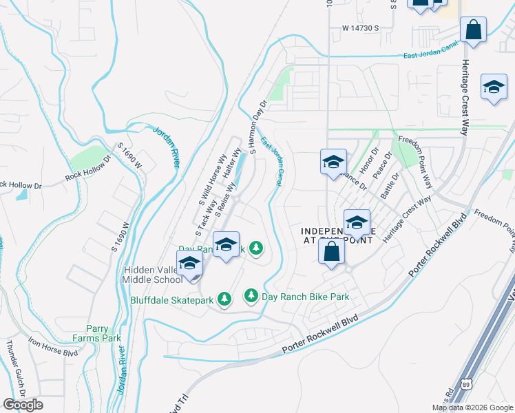 map of restaurants, bars, coffee shops, grocery stores, and more near 15243 South Park Bluff Way in Bluffdale