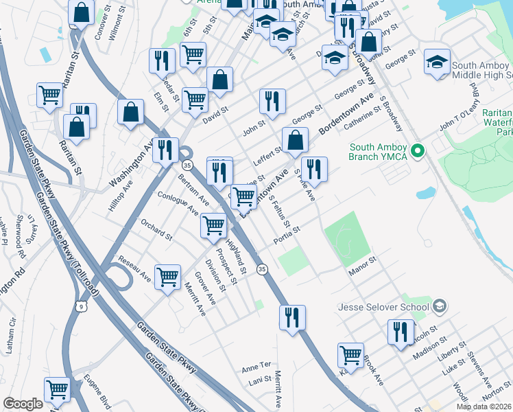 map of restaurants, bars, coffee shops, grocery stores, and more near 324 Parker Avenue in South Amboy