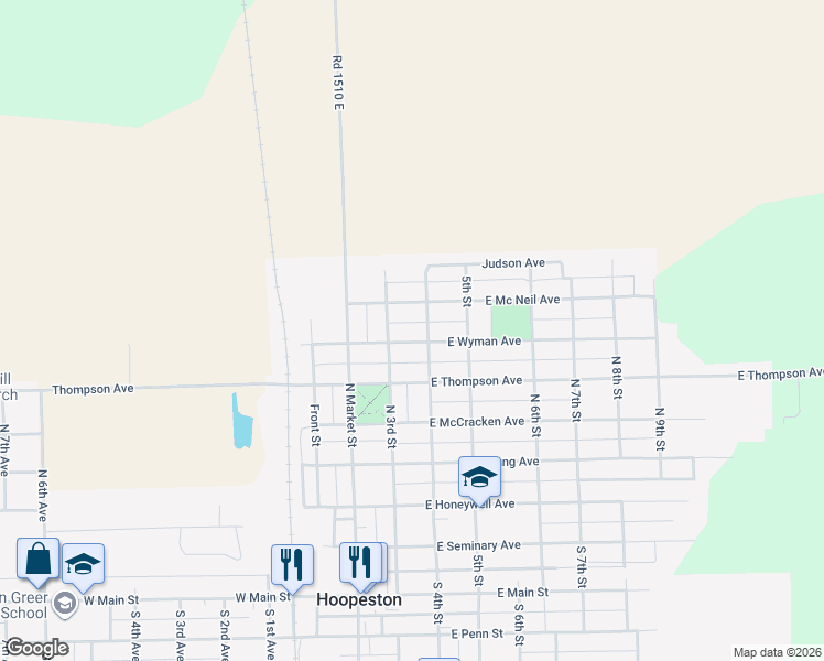 map of restaurants, bars, coffee shops, grocery stores, and more near 501 East Wyman Avenue in Hoopeston