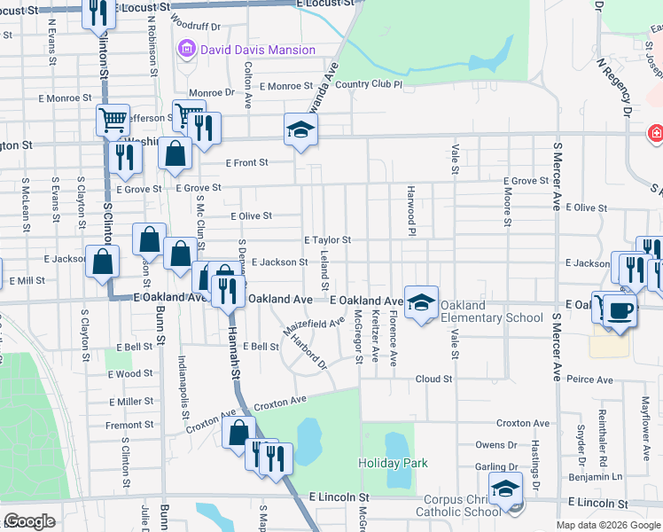 map of restaurants, bars, coffee shops, grocery stores, and more near 411 Leland Street in Bloomington