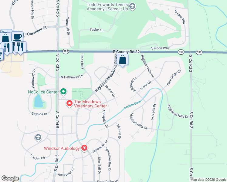 map of restaurants, bars, coffee shops, grocery stores, and more near 5447 Hunter Drive in Windsor