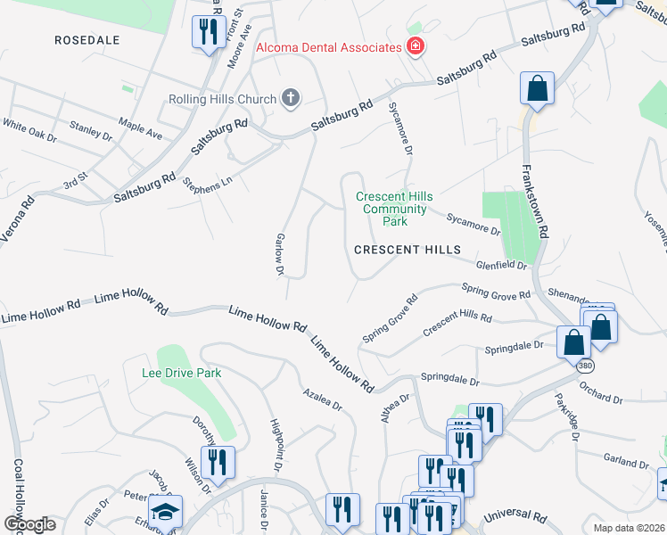 map of restaurants, bars, coffee shops, grocery stores, and more near 56 Hathaway Court in Pittsburgh
