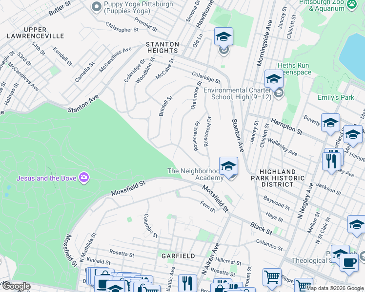 map of restaurants, bars, coffee shops, grocery stores, and more near 230 Schenley Manor Drive in Pittsburgh