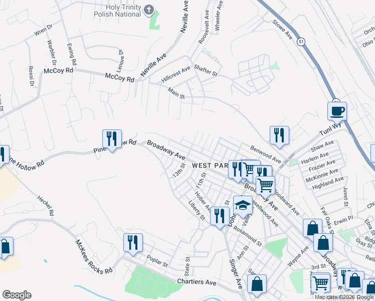 map of restaurants, bars, coffee shops, grocery stores, and more near 1204 Broadway Avenue in McKees Rocks