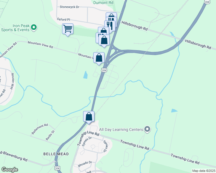 map of restaurants, bars, coffee shops, grocery stores, and more near 1 Schindler Court in Hillsborough Township