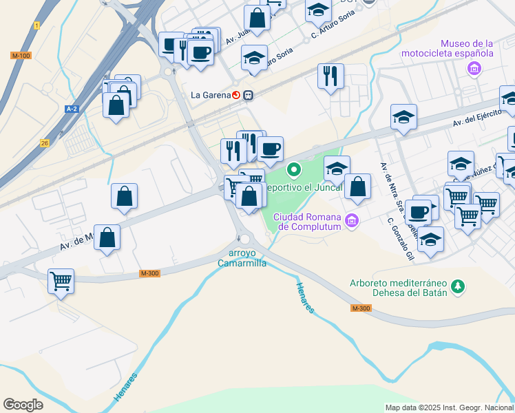 map of restaurants, bars, coffee shops, grocery stores, and more near Calle Antonio Suárez in Alcalá de Henares