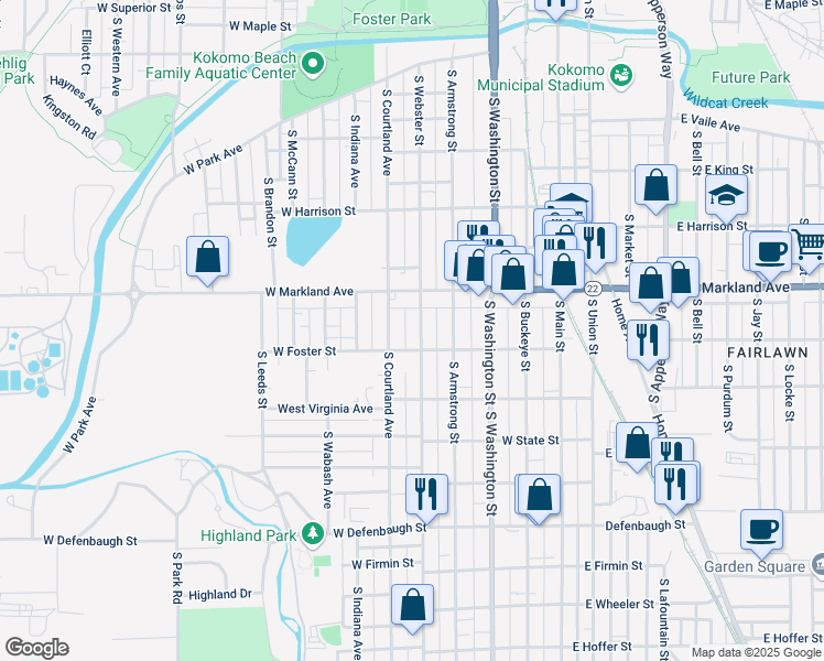 map of restaurants, bars, coffee shops, grocery stores, and more near 1037 South Webster Street in Kokomo