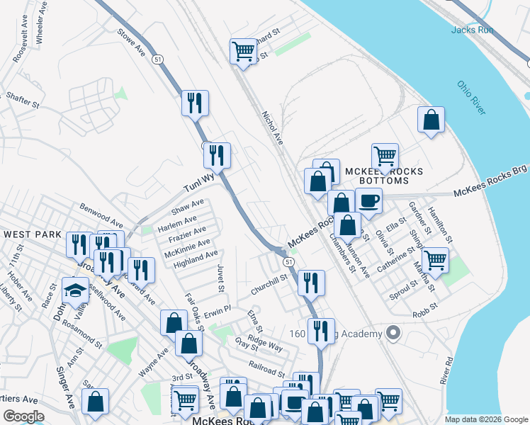 map of restaurants, bars, coffee shops, grocery stores, and more near 999 McKee Street in McKees Rocks