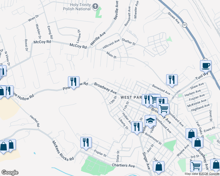 map of restaurants, bars, coffee shops, grocery stores, and more near 1406 Woodward Avenue in McKees Rocks