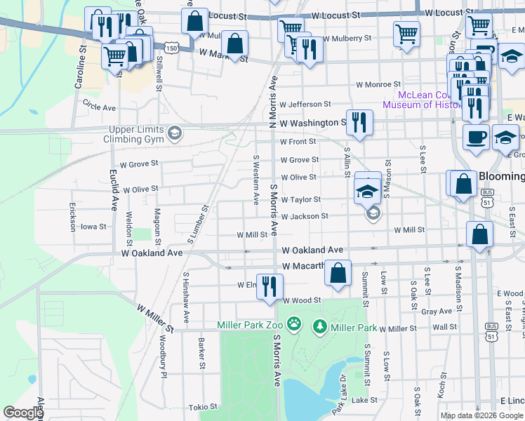 map of restaurants, bars, coffee shops, grocery stores, and more near 308 South Western Avenue in Bloomington