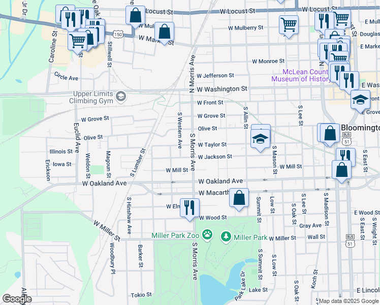 map of restaurants, bars, coffee shops, grocery stores, and more near 405 South Morris Avenue in Bloomington